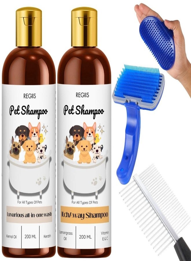 REGIIS Pet Grooming Set with Dog Shampoo, All-in-One Wash and Itch Away Formula, 200ml Each, Blue Brush and Metal Comb(Pack of 5) - Image 1